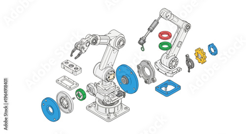Technical line drawing of industrial robotic arms with mechanical components and tools in a disassembled state.