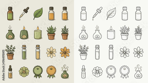 Collection of aromatherapy and essential oil related icons in both color and outline versions.