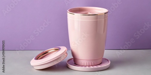 A pink thermos with its lid open on a purple background
