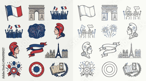 Collection of French National Day celebration icons including flags, landmarks, and symbols of patriotism.