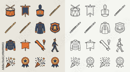 Collection of marching band and parade icons in both color and outline styles, featuring instruments, uniforms, and celebratory elements.