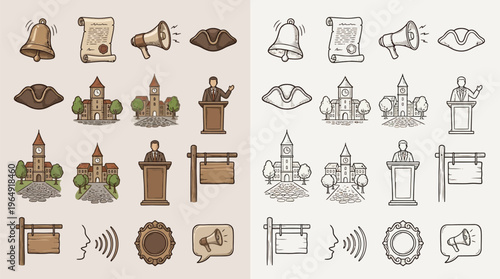 Collection of political and civic icons, including bells, scrolls, megaphones, buildings, and speakers, presented in both color and outline styles.