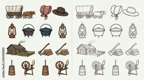 Collection of hand-drawn illustrations depicting various elements of pioneer life, including covered wagons, homes, tools, and domestic items, presented in both color and line art.