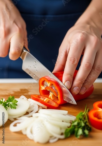 Expertly Slicing Red Bell Pepper with Precision on Wooden Cutting Board