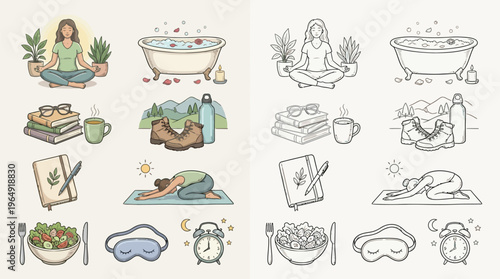 A collection of illustrations depicting self-care activities and healthy lifestyle choices, including yoga, meditation, reading, and healthy eating.