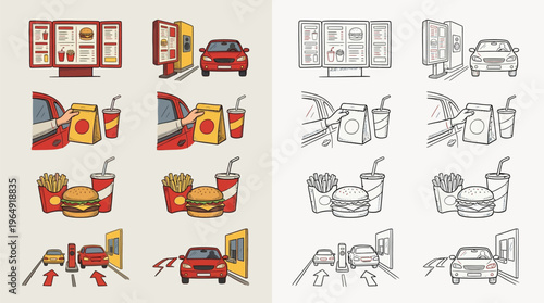 Illustrations depicting the process of ordering and receiving food at a drive-thru restaurant, showing menu boards, ordering kiosks, cars, and food items.