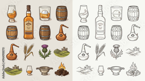 Collection of colorful and monochrome illustrations depicting various elements related to whisky production and consumption.