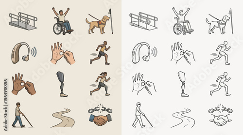 Collection of icons representing various aspects of disability and accessibility, including mobility aids, assistance animals, and adaptive sports.