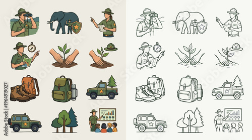 Collection of illustrations depicting park rangers, wildlife, and conservation efforts in a natural environment.