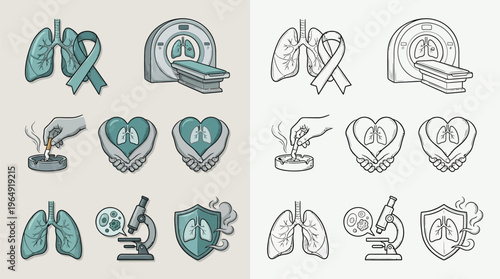 Collection of icons representing lung health, cancer awareness, medical research, and diagnostic imaging.