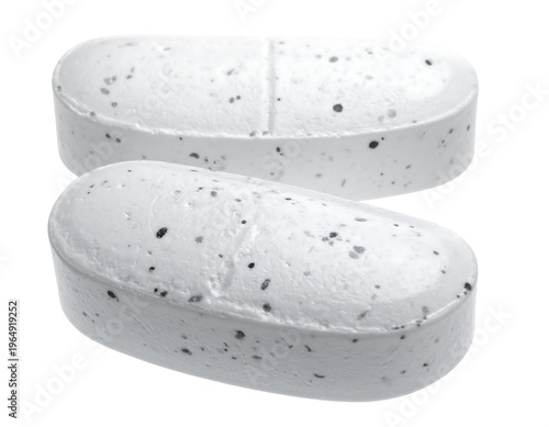 Two oblong tablets, speckled surface, bisected design. White with dark specks. Clear background