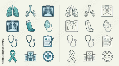 Collection of medical icons representing respiratory health, diagnostic tools, and healthcare symbols, presented in both colored and outline styles.