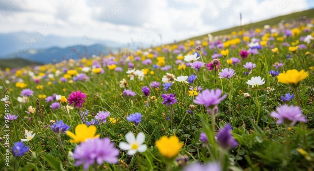 Obraz premium Vibrant Wildflower Meadow in Bloom Under a Cloudy Sky