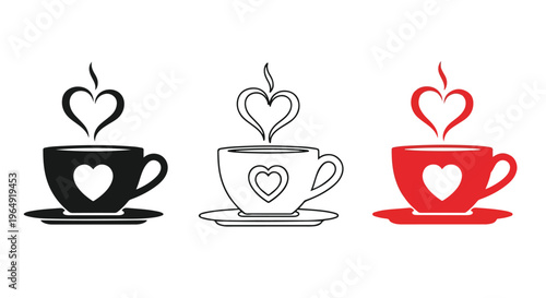 Graphic illustration of three heart-themed coffee cups in black, white, and red on a plain white background.