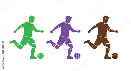 Silhouette illustration of three soccer players in green, purple, and brown running with balls on a white background.