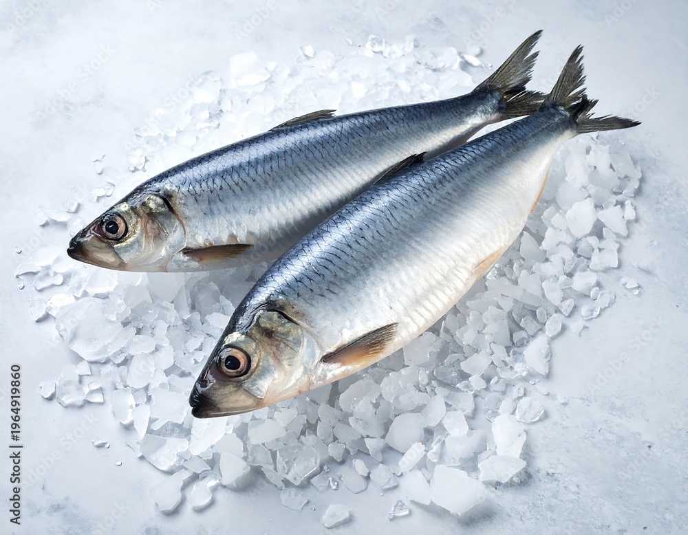 Obraz premium Two fresh, silvery fish, resting on a bed of glistening, crushed ice