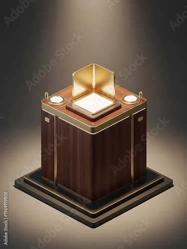 Elegant wooden podium with golden accents on a dark background stage