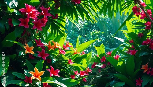 Lush green tropical foliage, vibrant flowers, sunlight dappled leaves, green leaves, tropical plants