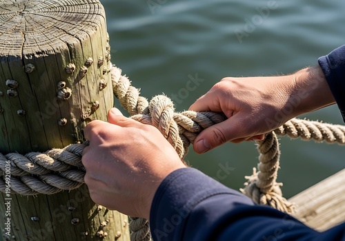 Hands securing a thick rope to a wooden dock post