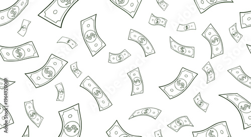 Seamless pattern with flying dollar bills money background finance cash texture line vector illustration