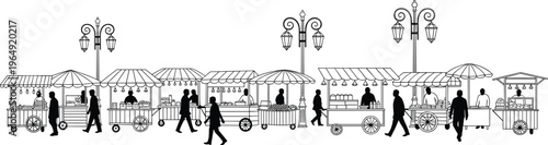 Street market silhouette illustration vendor stalls people walking urban scene collection