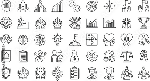 Success motivation line icons set leadership growth teamwork achievement outline collection