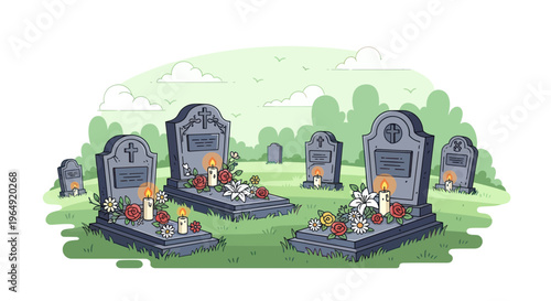 Graveyard Cemetery with Gravestones, Candles, and Flowers - Memorial Scene