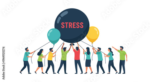 Group of people struggling to hold a large black balloon labeled 'STRESS'
