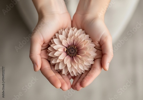 Female Hands Tenderly Hold a Delicate Dahlia Blossom in Soft Lighting