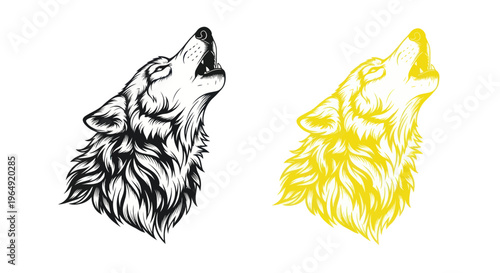 Howling Wolf Head Silhouette - Black and Yellow Illustration