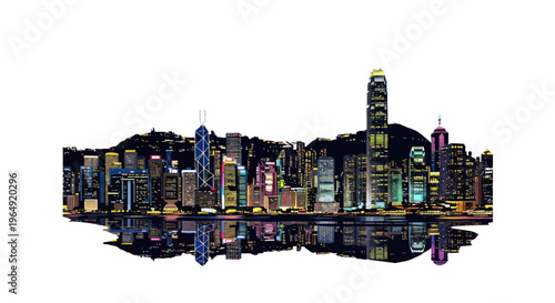 Hong Kong Skyline Reflection, Modern Cityscape at Night, Vibrant Lights, Urban Landscape