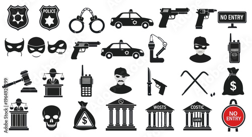 Law Enforcement and Criminal Justice Icons: Police, Justice, Crime and Security Symbols