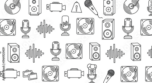 Audio and Sound Equipment Icons Set with Microphones, Speakers, and Sound Waves Illustrations