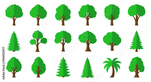 Collection of Flat Design Trees: Deciduous, Evergreen, and Palm