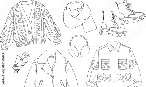 Winter clothing set outline sweater scarf boots jacket gloves earmuffs shirt fashion illustration collection