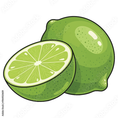 Fresh Green Citrus Fruit Whole and Half Slice Isolated on White Background for Healthy Food Ingredient and Beverage Creation