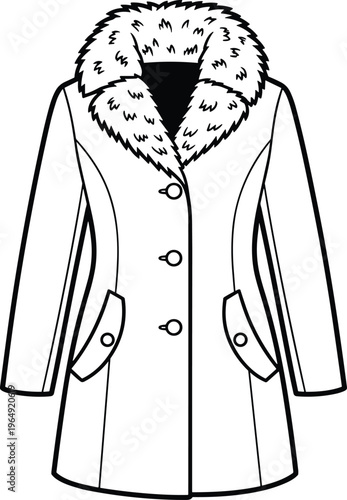 Winter coat with fur collar outline fashion clothing outerwear elegant apparel illustration isolated
