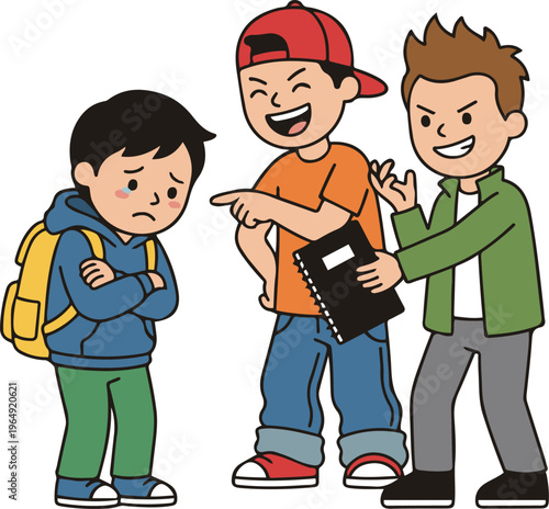 Cartoon illustration of a sad schoolboy being bullied by two classmates who are laughing and pointing at him, depicting school bullying and peer harassment.