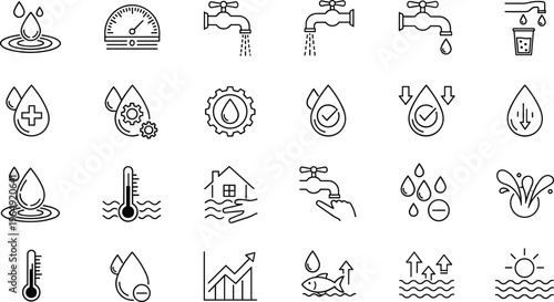 Water management line icons set conservation supply sanitation outline vector illustration collection