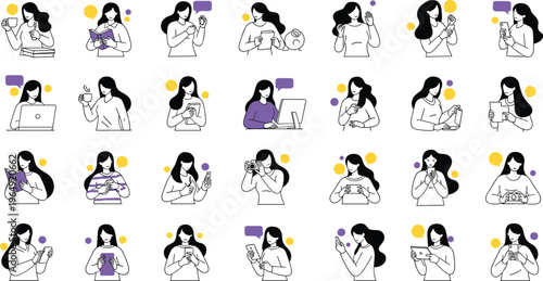 Women daily lifestyle activities icons set with female characters using phone laptop coffee reading and communication flat vector illustration