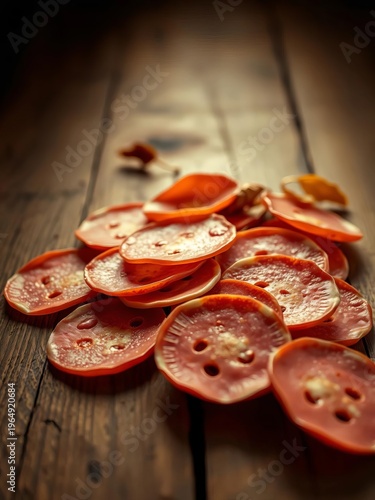 Pepperoni slices, rendered in sepia, mimic fallen leaves on a rustic wooden surface, a still life of edible decay,  film grain,  ingredients
