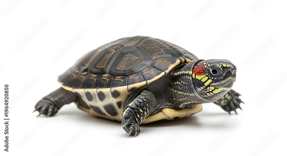 Obraz premium Small colorful turtle with patterned shell on white studio background