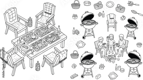 BBQ and Outdoor Dining Icon Set with Grills, Chairs, Table, and Cooking Equipment for Barbecue, Summer, and Family Gathering Designs
