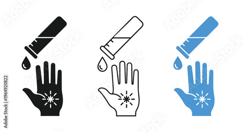 Graphic illustration of three hands with starburst tattoos receiving drops from bottles in black, gray, and blue on white.