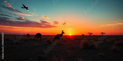 Red kangaroo hopping across outback plains at sunset, nature, powerful legs
