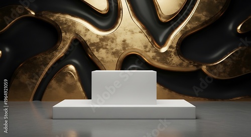 Elegant presentation stage against a captivating black and gold backdrop