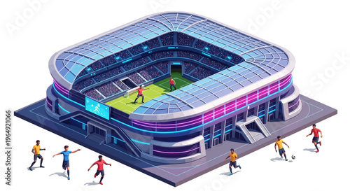 Isometric 3D render of a modern sports stadium with a soccer field and players in action, showcasing its architecture and infrastructure in a futuristic design.