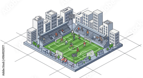 Isometric 3D render of a modern sports stadium with a soccer field and players, surrounded by buildings and spectators in a urban setting with a clean and minimal design.