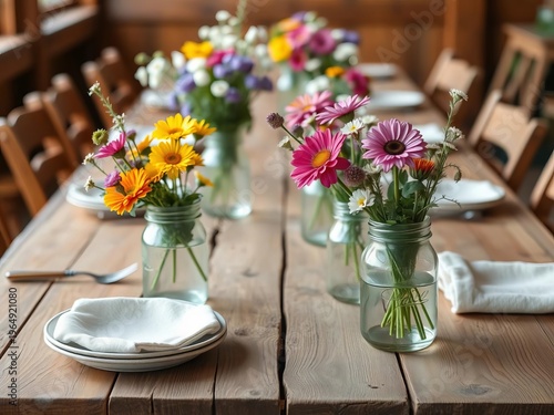Rustic wooden table setting with mason jars and wildflowers for a casual gathering,  wood,  natural
