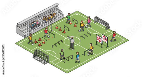 Isometric view of a 3D soccer stadium with players on the field and spectators in the stands, showcasing modern stadium design and infrastructure.